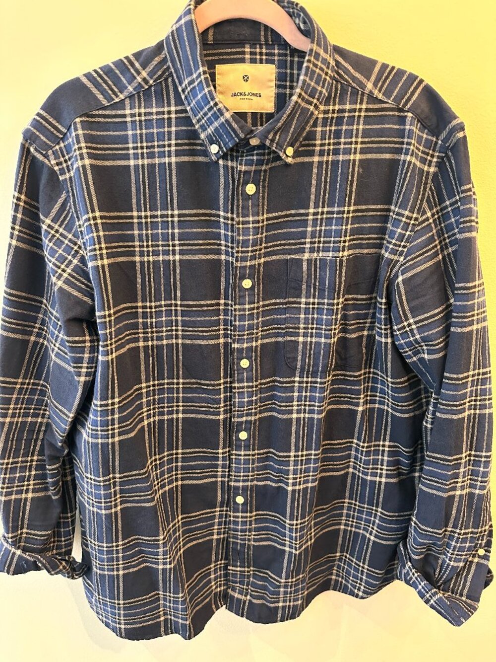 Jack & Jones Premium Mens Navy Blue Plaid Flannel Button Down Shirt Size XL